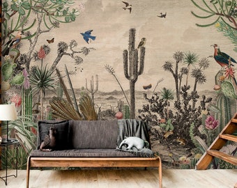 Vintage wallpaper with desert landscape, cactus, birds, reptiles and insects, peel and stick, self adhesive, wall decor, Removable Wallpaper