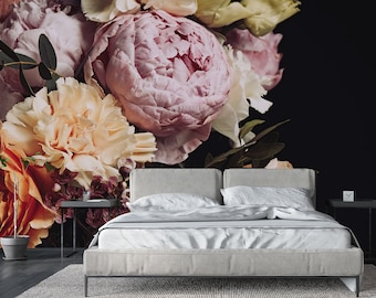 Dark Floral Peony Bouquet Wallpaper, Peel and Stick Wall Decor