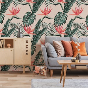Tropical Wallpaper with Exotic Leaves and strelitzia flowers, wall mural, peel and stick, self adhesive wallpaper, wall decor