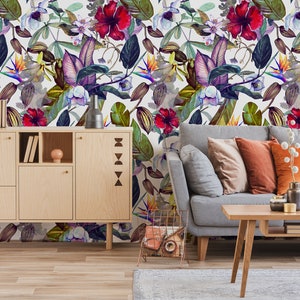 Papier peint floral coloré avec des fleurs et des feuilles, décoration murale autocollante, feuilles tropicales à l'aquarelle