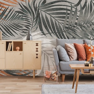 Gray wallpaper with big palm leaves, tropical peel and stick wall mural, self adhesive, wall decor