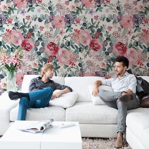 Floral watercolor wallpaper with pink roses, peonies and leaves, roses motive, floral wall mural, peel and stick, self adhesive, wall decor