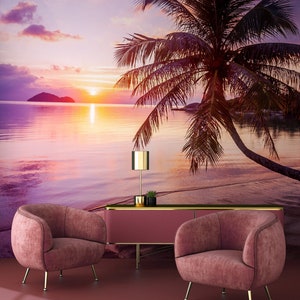 Beautiful sunset wallpaper with tropical paradise beach, Wall Mural, Self Adhesive (Peel and Stick), Non Self Adhesive (Vinyl/Traditional)