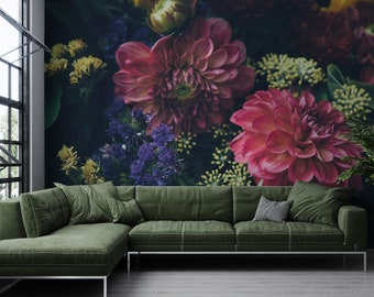 Floral Bouquet Wallpaper Mural, Pink Flowers, Self-Adhesive Wall Decor