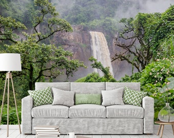 Beautiful Photo Wallpaper, Jungle Waterfall, Trees, Rain Forest  peel and stick wall mural, self adhesive, wall decor