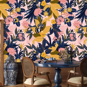 Tropical pattern wallpaper, exotic butterfly wall mural, home decor, Removable, Peel and Stick or Non Self Adhesive (Vinyl), Wall Decor