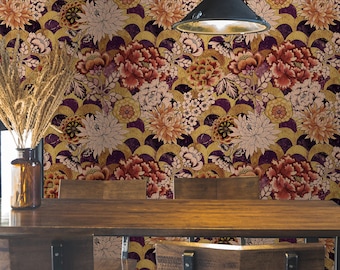 Vintage Floral Wallpaper, Red Orange Flowers, Peel and Stick Wall Mural