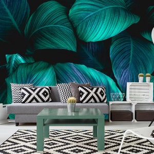Tropical Wallpaper with Exotic Green Leaves, Tropical Leaves, Photo Wallpaper, peel and stick wall mural, self adhesive, wall decor