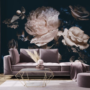 Dunkle Vintage Blumen Tapete, Fototapete, Pfingstrose und Rosen Blumenstrauß, florales Wandbild, selbstklebend, selbstklebend, Wanddeko