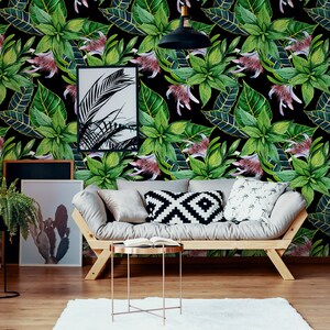 Green Tropical Leaves on Black Background Wallpaper, Exotic peel and stick wall mural, self adhesive wallpaper, wall decor