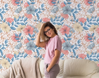 Floral self adhesive wallpaper, red and blue flowers, peel and stick wall mural, removable wallpaper, wall decor