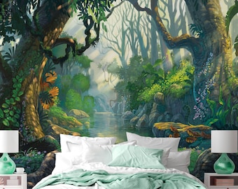 May include: A white bed with a green blanket and two brown wicker baskets in front of it. The bed is in front of a mural depicting a lush green forest with a river flowing through it.