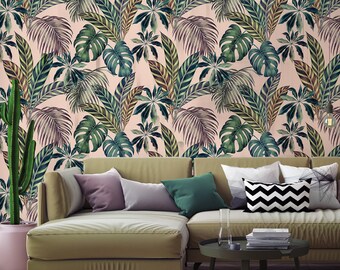 Light Pink Tropical Palm Leaves Wallpaper, Peel and Stick Wall Mural (Self Adhesive)
