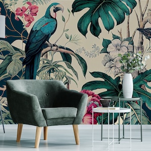 Exotic bird tropical wallpaper, parrot and flower, Wall Mural, Removable, Self Adhesive(Peel&Stick), Non Self Adhesive(Vinyl), Wall Decor