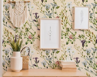 Watercolor Field Flowers Wallpaper, Floral Peel and Stick Wall Mural, Botanical Decor