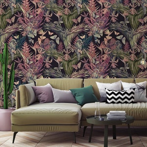Dark Purple Wallpaper With Tropical Leaves Butterflies and - Etsy