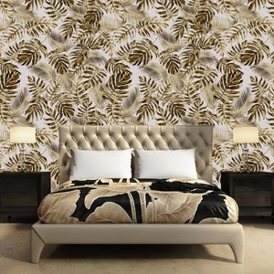 Yellow Exotic Leaves Wallpaper, Monstera and Palm Leaves, peel and stick wall mural, self adhesive, wall decor