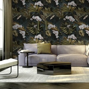 Abstract dark leaves and flowers wallpaper, Wall Mural, Removable, Self Adhesive(Peel and Stick), Non Self Adhesive(Vinyl), Wall Decor
