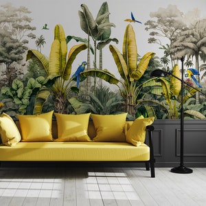 Tropical jungle wallpaper with bird, palm leaf, Wall Mural, Removable, Self Adhesive (Peel and Stick), Non Self Adhesive(Vinyl), Wall Decor