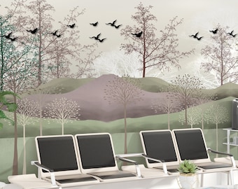 Abstract Trees and Birds Wallpaper, Peel and Stick Wall Mural