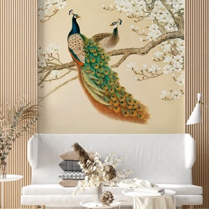 Light beige wallpaper with peacocks and white magnolia tree, vintage peel and stick wall mural, self adesive wallpaper, wall decor
