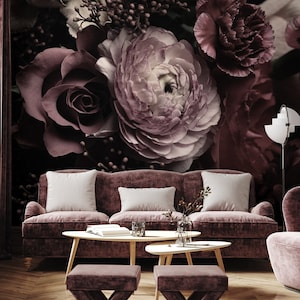 Beautiful dark dramatic floral wallpaper with purple peonies and roses, peel and stick wall mural, self adhesive, wall decor