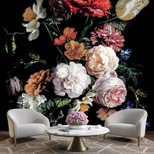 Dunkle Vintage Blumentapete Fototapete Pfingstrose Und Etsy