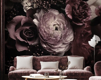 Beautiful dark dramatic floral wallpaper with purple peonies and roses, peel and stick wall mural, self adhesive, wall decor