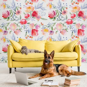 Light floral wallpaper with watercolor colorful flowers, floral wall mural, peel and stick, removable, self adhesive wallpaper, wall decor
