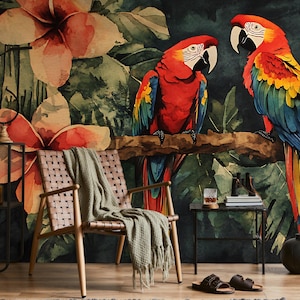 Parrot and tropical leaf wallpaper, jungle wall mural, home decor, Removable, Peel and Stick or Non Self Adhesive (Vinyl), Wall Decor