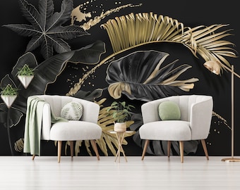 Carta da parati con foglie tropicali nere e dorate, opaca, autoadesiva, decorazione murale