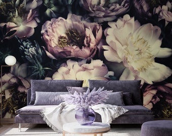 Papel pintado de peonías florales oscuras, mural botánico de gran formato (autoadhesivo)