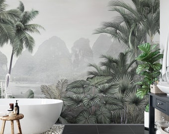 Tropical leaves wallpaper with palms, Wall Mural, Removable, Self Adhesive (Peel and Stick), Non Self Adhesive (Vinyl), Wall Decor
