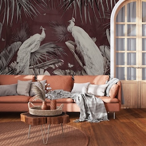 Vintage bird wallpaper with tropical plants, Wall Mural, Removable, Self Adhesive (Peel and Stick), Non Self Adhesive(Vinyl), Wall Decor