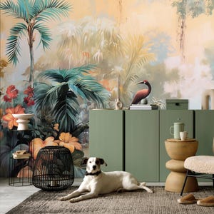 Vintage jungle wallpaper, abstract landscape wall mural, home decor, Removable, Peel and Stick or Non Self Adhesive (Vinyl), Wall Decor