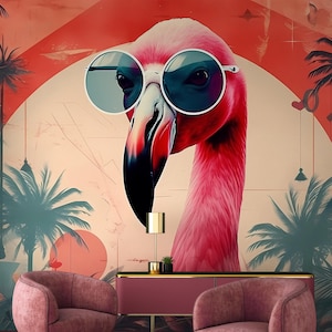 Vintage Flamingo Tapete, Retro tropische Wohnkultur, Wandkunst, abnehmbar, Schälen und Stick oder nicht selbstklebend (Vinyl), Wanddekor