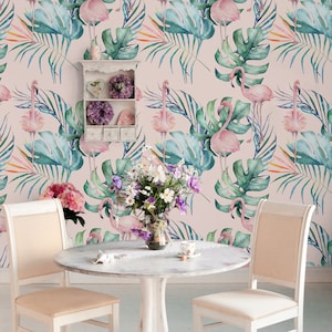 Tapete Pastellrosa mit Flamingos und Monsterablättern, Tapete mit Blätterdekor, selbstklebend