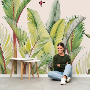 Aquarell Palmenblätter Tapete auf weiß, Tropische Blätter, exotisches Wandbild, selbstklebend, Wanddekor