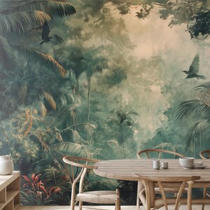 Vintage rainforest wallpaper, dark landscape wall mural, home decor, Removable, Peel and Stick or Non Self Adhesive (Vinyl), Wall Decor