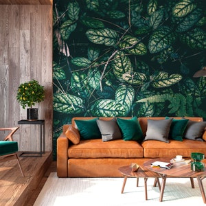 Dark leaf, natural green wallpaper, peel and stick, self adhesive, wall decor, Removable Wallpaper