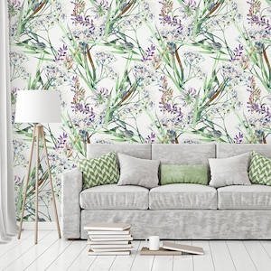 Light wallpaper with green and purple watercolor flowers and leaves, floral wall mural, peel and stick wallpaper, self adhesive, wall decor