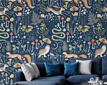 Papel pintado azul bosque con animales, despegar y pegar, autoadhesivo, decoración de pared, papel pintado removible