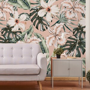 Exotic Wallpaper with Tropical Flowers and monstera leaves, Exotic peel and stick wall mural, self adhesive, wall decor