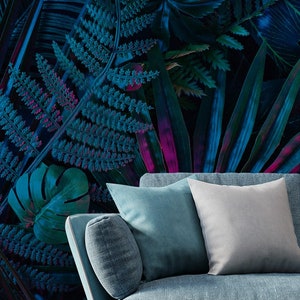 Tropical dark colorful plant wallpaper, Wall Mural, Removable, Self Adhesive(Peel&Stick), Non Self Adhesive(Vinyl), Wall Decor