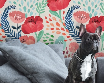Red Poppy Floral Wallpaper, Watercolor Leaves Wall Mural (Peel and Stick)