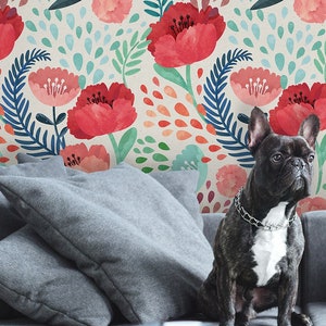 Floral wallpaper with red poppies flowers and green and blue leaves, floral wall mural, peel and stick, self adhesive wallpaper, wall decor
