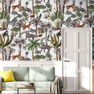 Wallapepr with tropical trees and animals, peel and stick, self adhesive, wall decor, Removable Wallpaper
