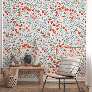 Helle Tapete mit Feldblumen, roter Mohnblüten und Blätter, Natur, florales wandbild, schälen und aufkleben, selbstklebend, Wanddeko