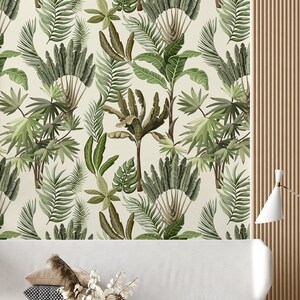 Vintage wallpaper, exotic trees, palm and banana leaf, Wall Mural, Self Adhesive(Peel and Stick) or Non Self Adhesive (Vinyl/Traditional)