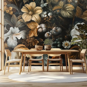 Nocturnal flora wallpaper, botanical artwork wall mural, home decor, Removable, Peel and Stick or Non Self Adhesive (Vinyl), Wall Decor